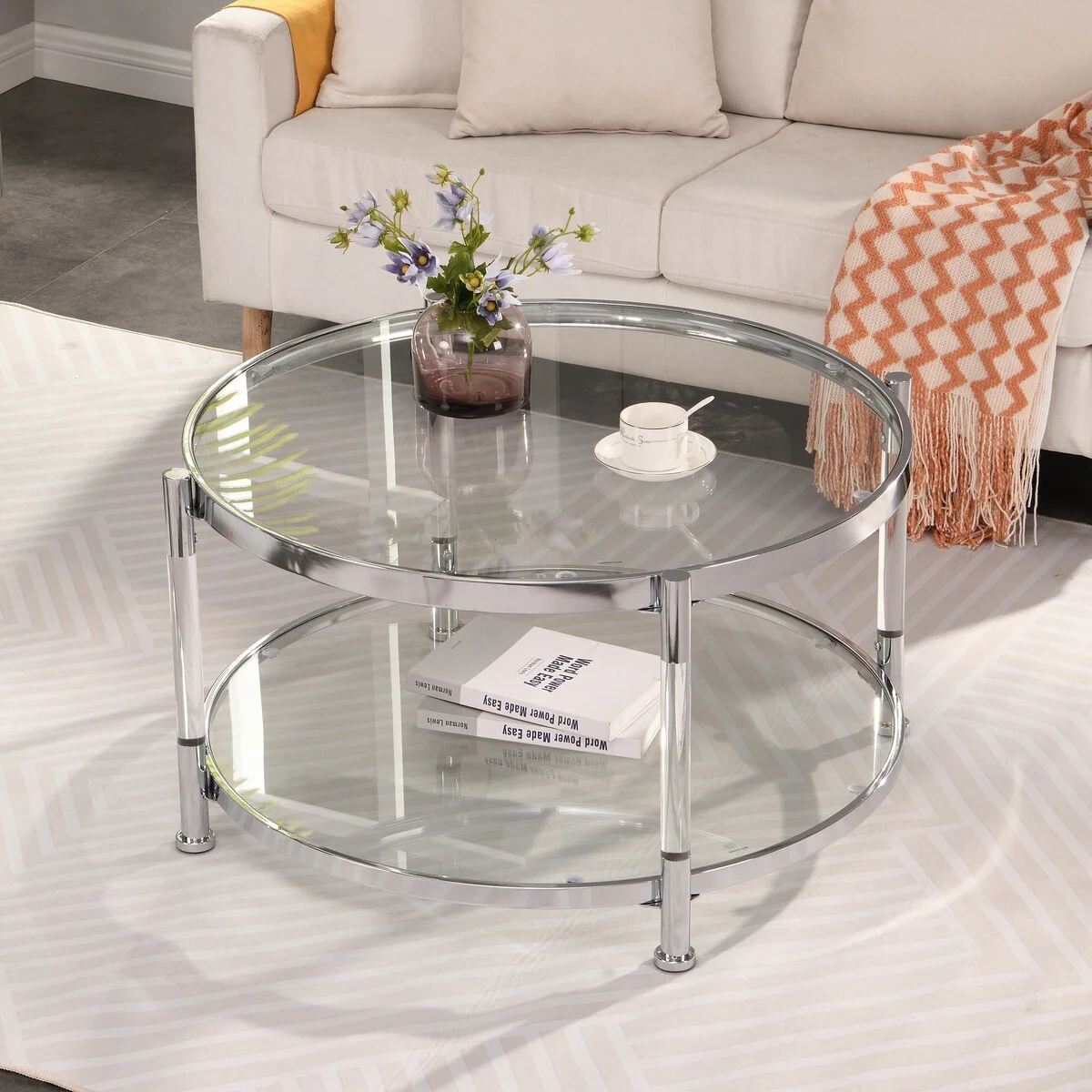 Contemporary Acrylic Round 2- Tier Coffee End Table with Glass Tabletop