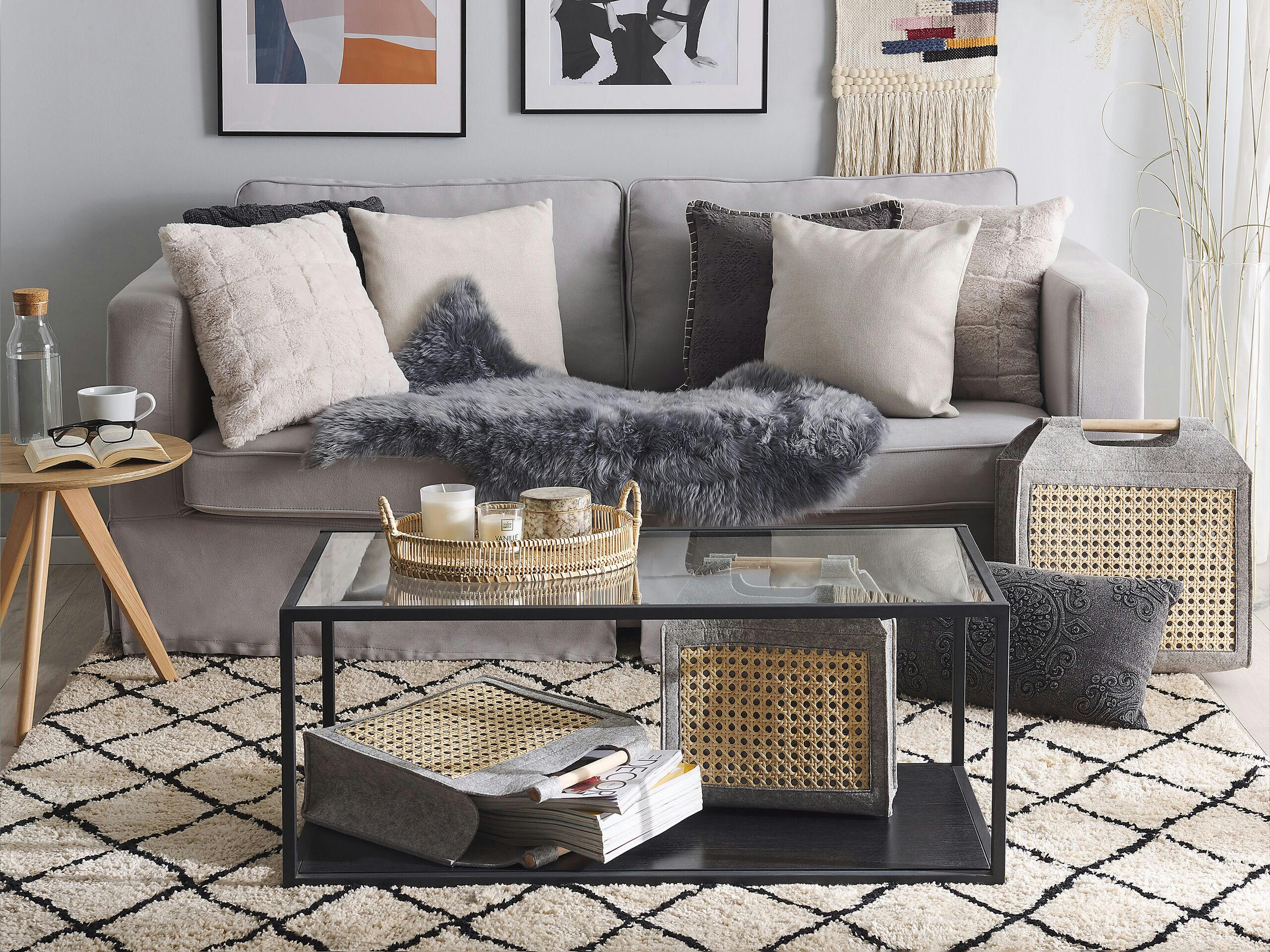 SARIOT - Lot de 3 corbeilles textiles gris clair