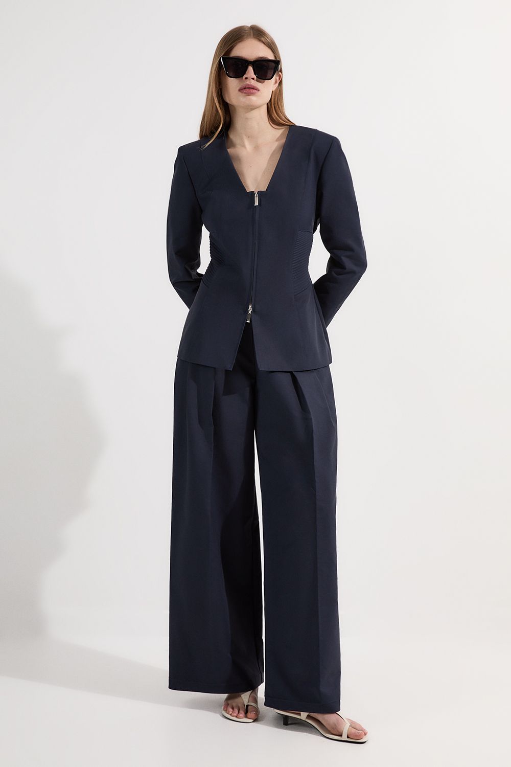 KarenMillen Archive Collection - Tailored Cotton Pintuck Grosgrain Zip Front Blazer