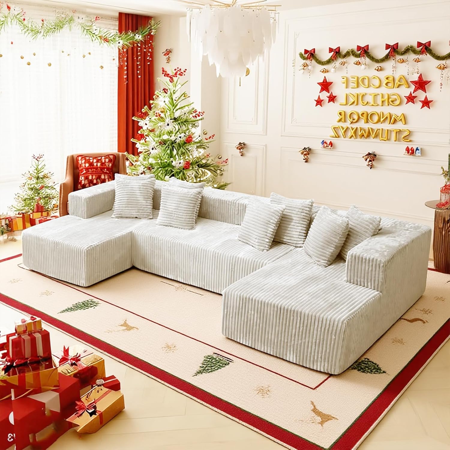 132'' U Shaped Sectional Couches for Living Room, Beige Modular Boneless Cloud Sofa with 2 Chaise Lounges, 4-in-1 Flexible Combination Layered Foam Cushion Deep Seat Corner Couch, No Assembly