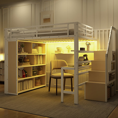 Lit mezzanine 140x200cm - structure en fer - bureau - rangements - LED - escalier - blanc (matelas non inclus)