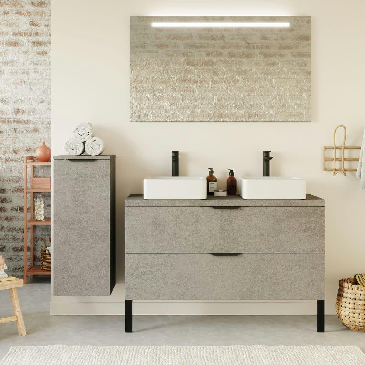 VENICE - Meuble salle de bain 2 vasques posées 120cm 2 tiroirs Béton