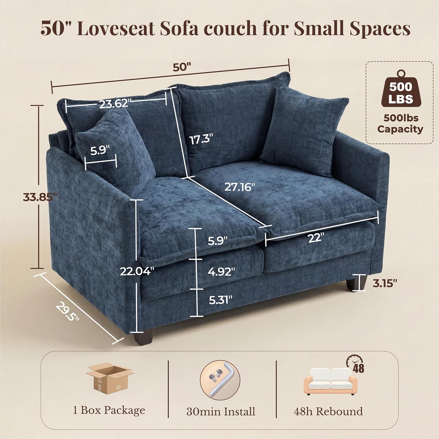 Loveseat Sofa with Cloud 3-Layer Cushion & 27 Deep Seat, Modern Small Couch with 2 Washable Pillows for Small Spaces, Bedroom, Apartment, Office, Living Room, in a Box, 50-Inch Blue