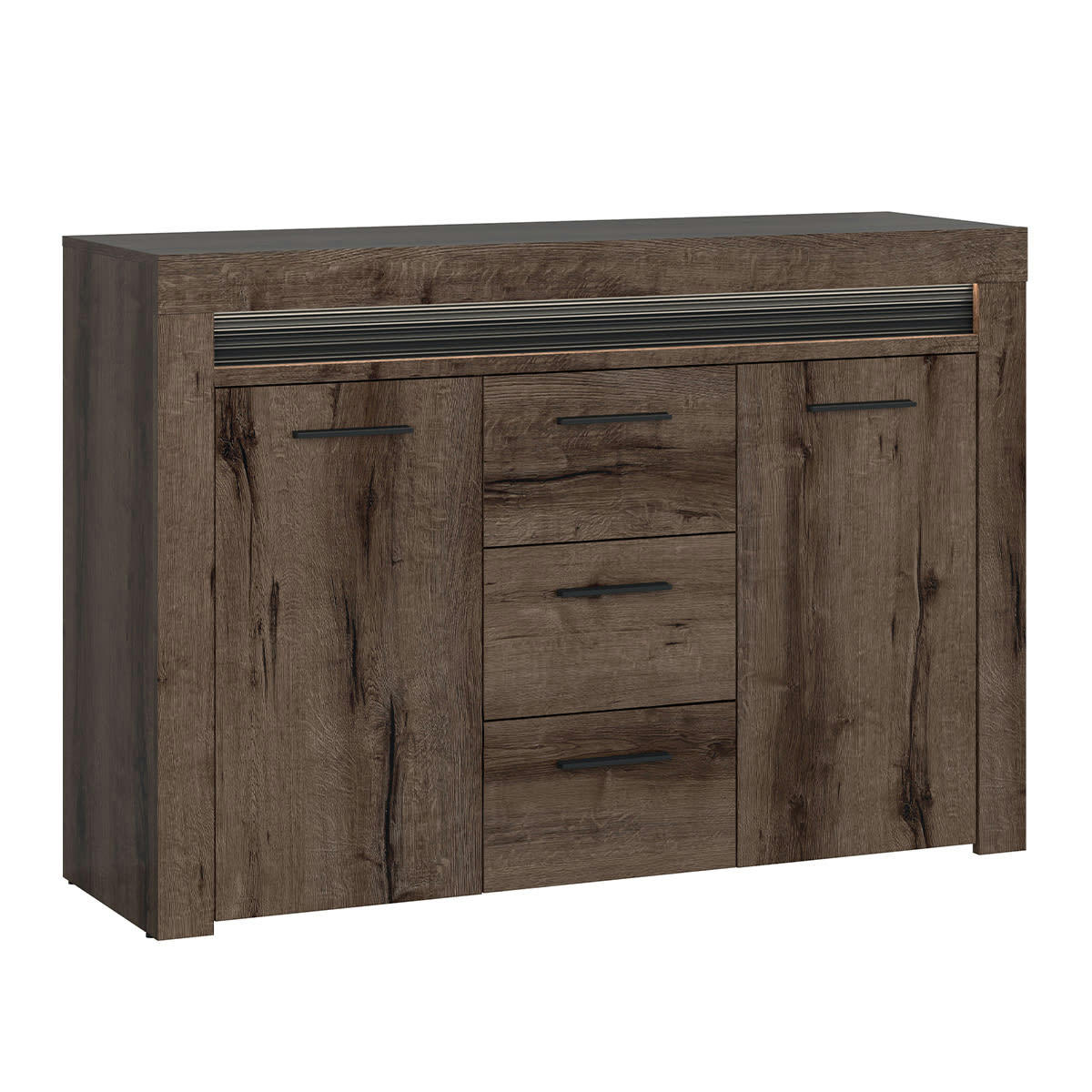 - Buffet 2 portes 3 tiroirs LED inclus panneaux agglomérés naturel foncé