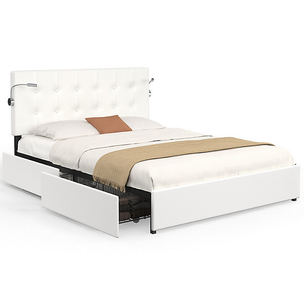Lit double MAEL 140 x 190 cm avec tête de lit capitonnée PVC blanc liseuses intégrées et sommier et 2 tiroirs sur roulettes