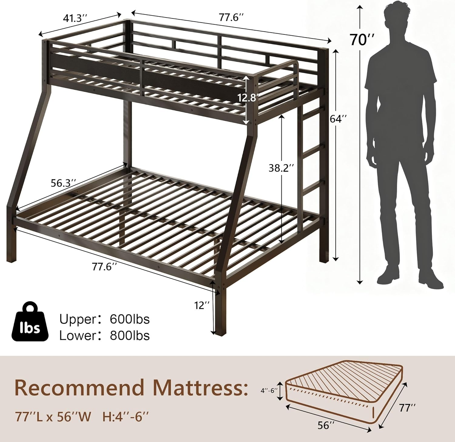 Feonase Bunk Beds Twin Over Full Size, Heavy Duty Metal Bunk Beds with Safety Guardrail & Ladders, Steel Loft Bed Frame for Teens and Adults, Apartment or Dorm, Noise Free & Easy Assembly, Black