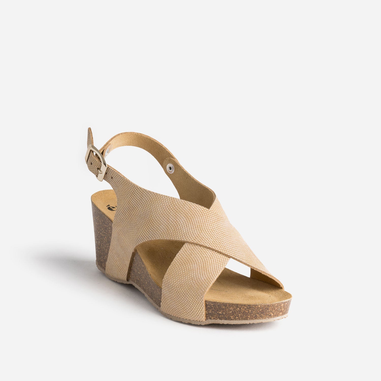 Sandale compensée anatomique beige doré en cuir embossé