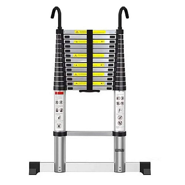Echelle télescopique aluminium 14 marches H 4,1M avec crochets démontables et barre stabilisatrice