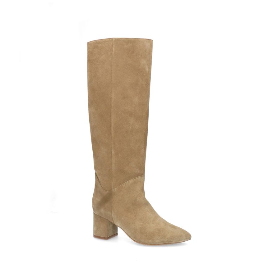 Manfield Beige suède hoge laarzen met hak