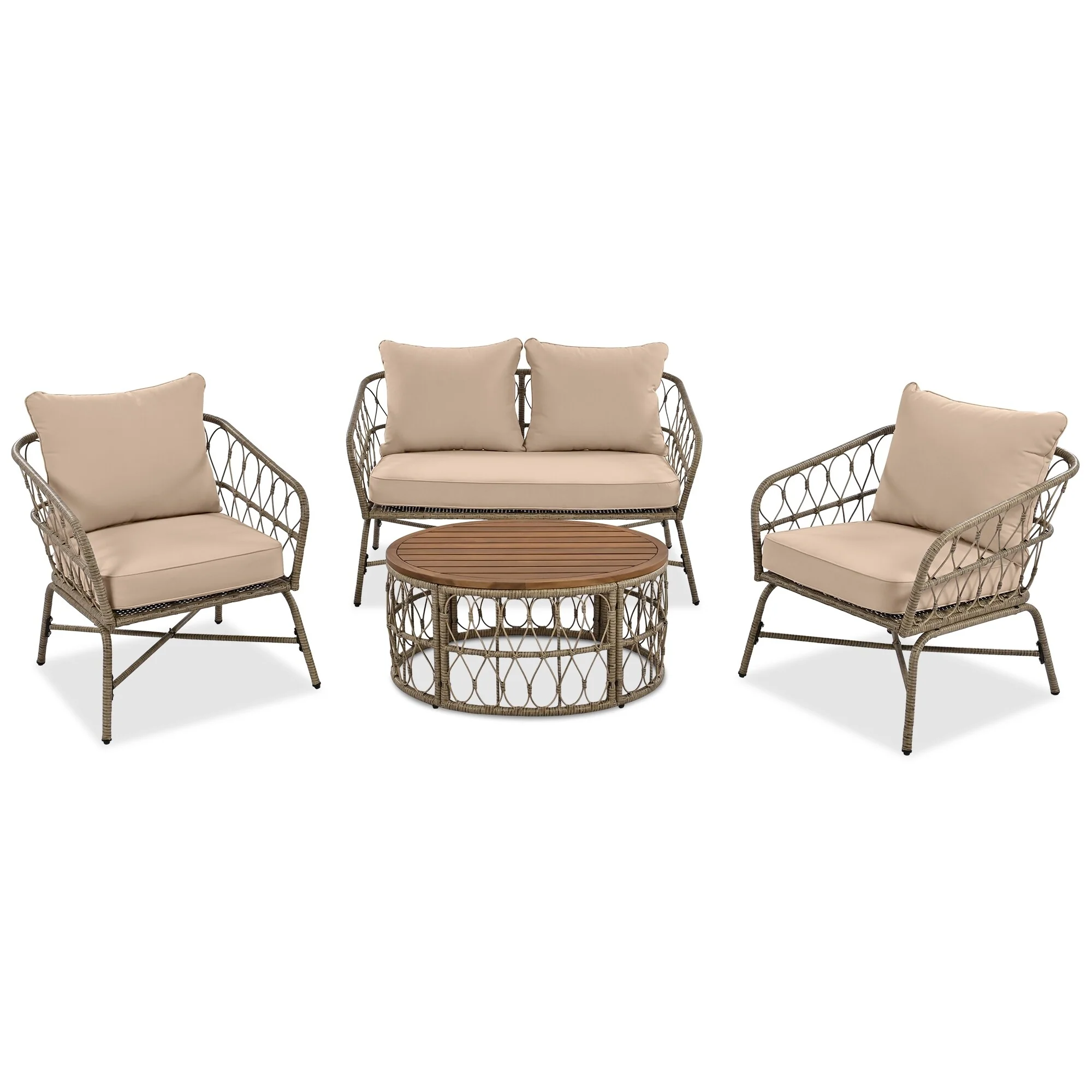 GO Bohemia-inspired 4-Person Outdoor Seating Group With Removable Cushions, Conversation Patio Set With Wood Tabletop, Beige