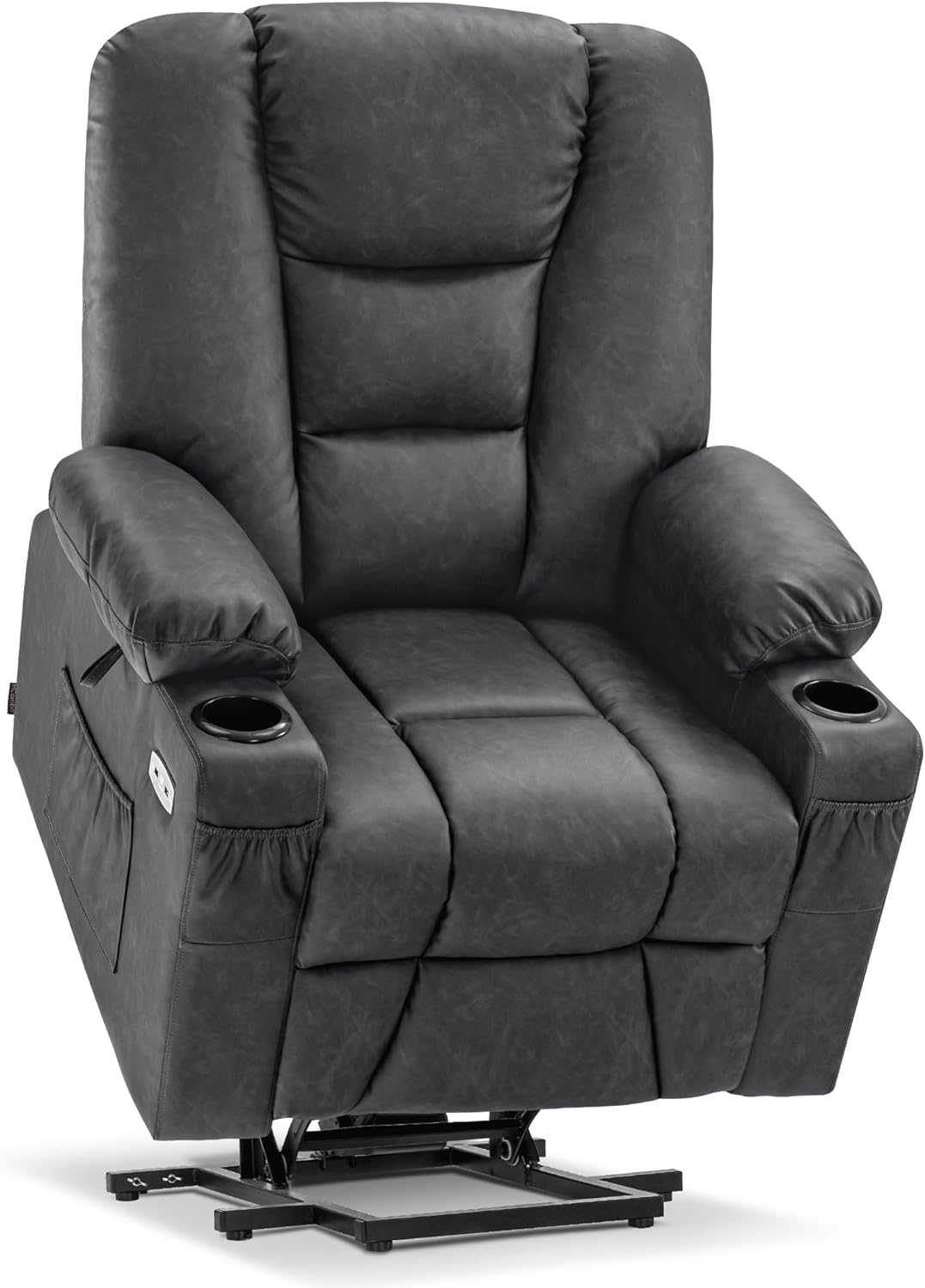 MCombo Power Lift Recliner Chair for Elderly, Lift Chair with Heat and Massage, USB Ports, Cup Holders, Faux Leather 7519 (Medium, Dark Grey)