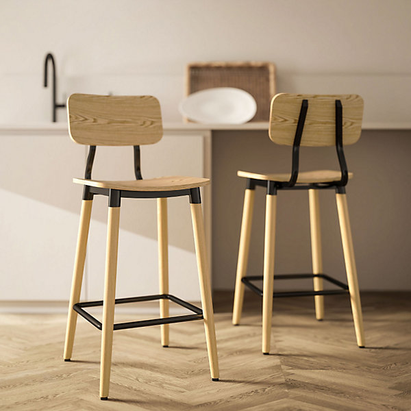 Lot De 2 Tabourets De Bar Ergonomiques - Dossier Et Repose-pieds, Acier - Style Naturel