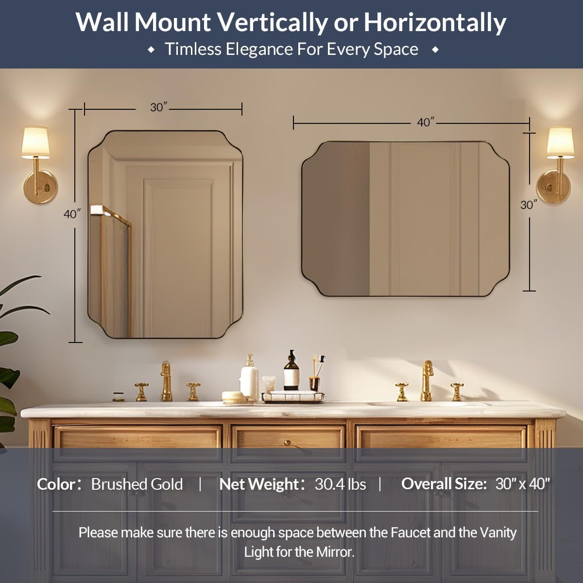 Gold Bathroom Mirror 30x40 Inch, Scalloped Brass Mirrors for Bathroom Sink, Notched Corner Rectangle Mirror in 1’’ Stainless Steel Metal Frame Home Remodel Wall Mount Vertical/Horizontal