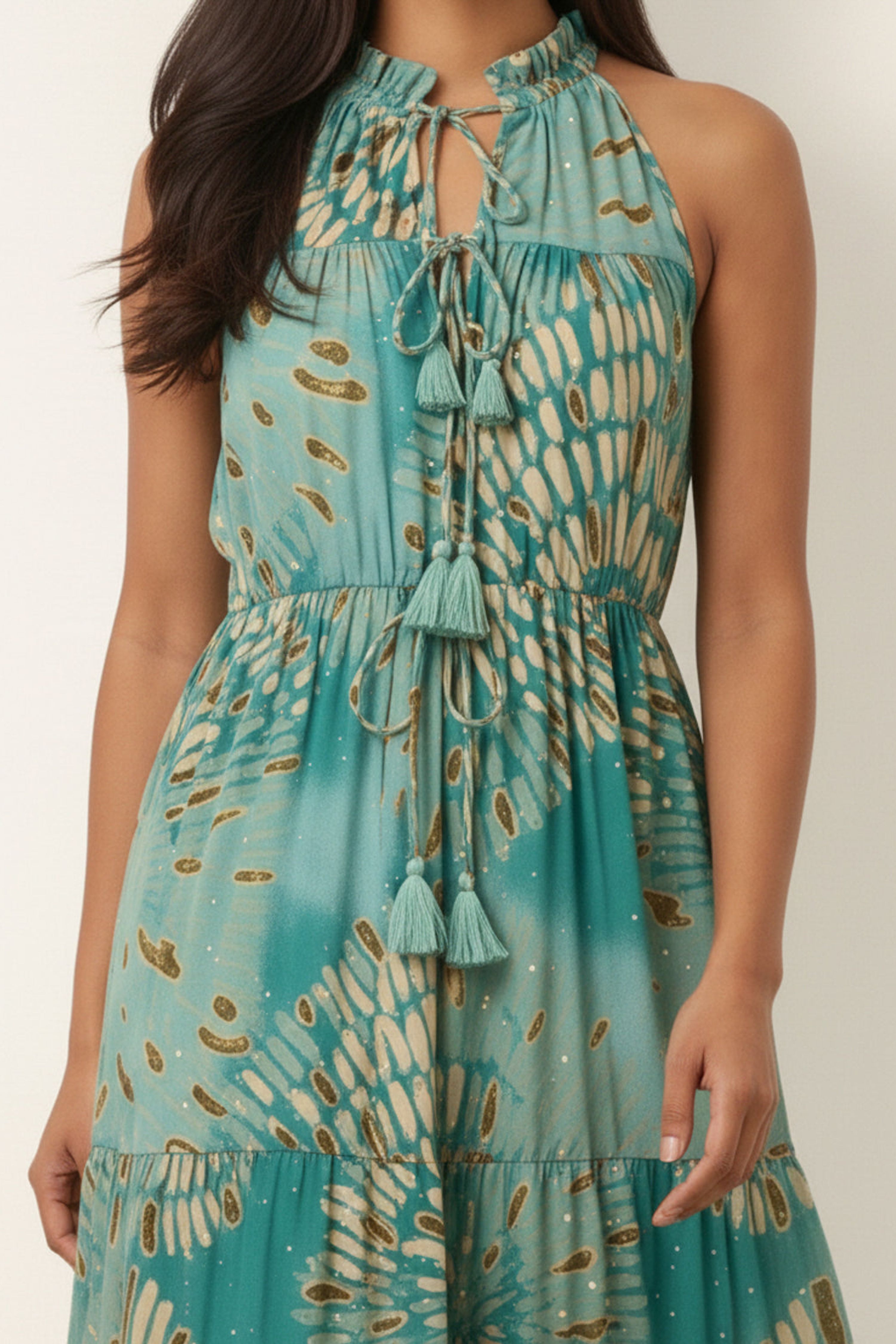 Blue Vanilla Aqua Diamante Tiered Tie Front Dress