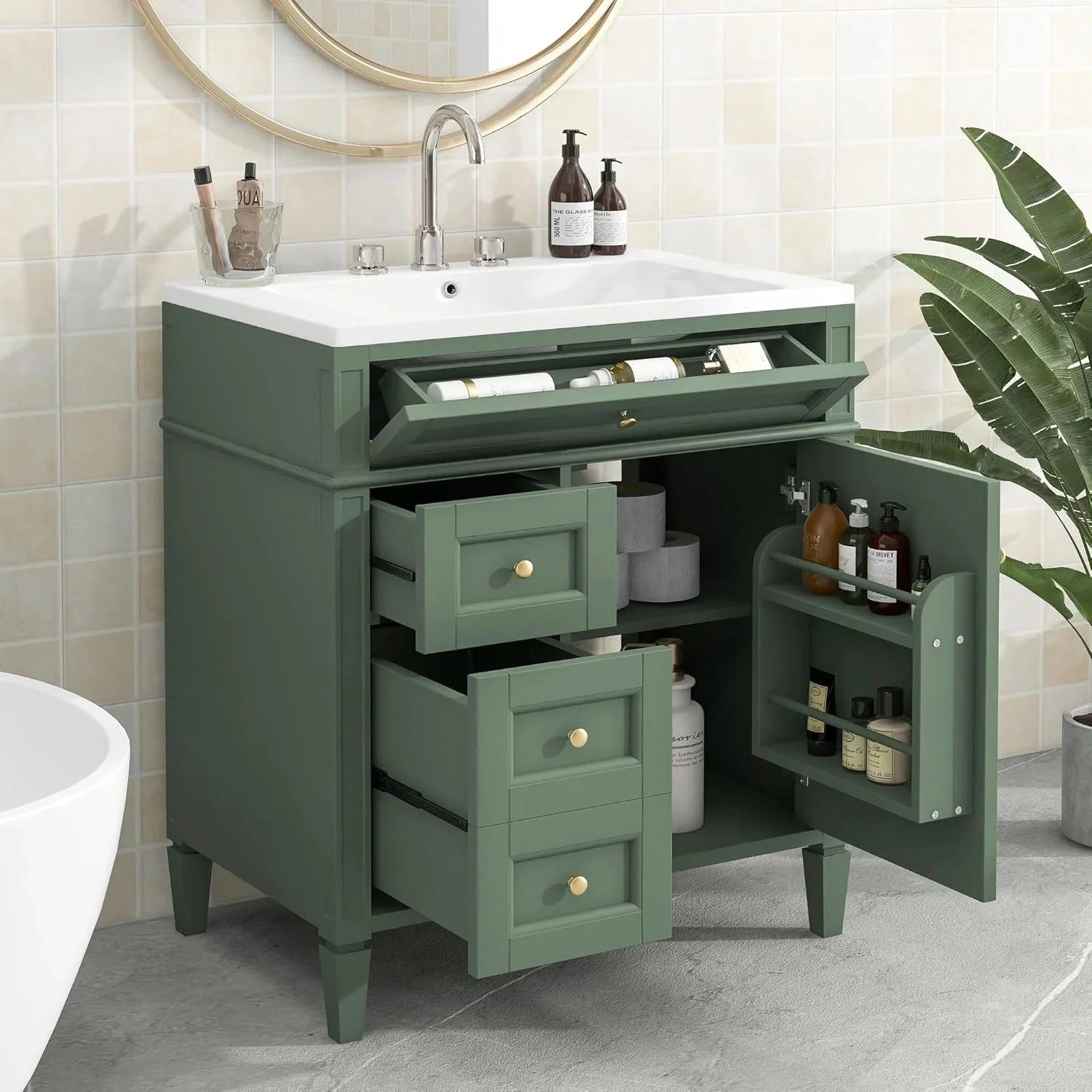 36 Bathroom Vanity with Single Sink Combo, Modern Undermount Bathroom Sink Cabinet with 2 Drawers and a Tip-Out Drawer, Freestanding Bathroom Vanities, Soft Closing, Solid Wood Frame(White/36 Inch)