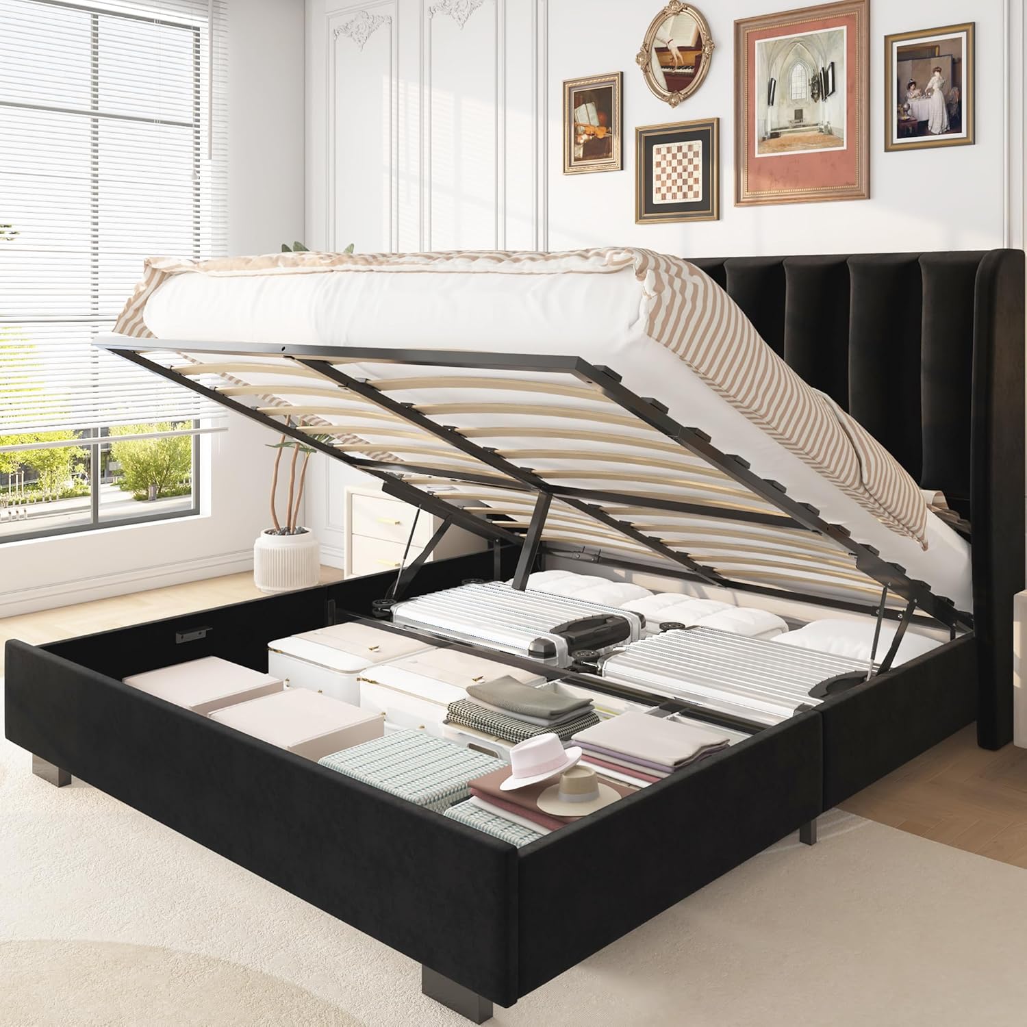 51 Tall Headboard Lift Up Bed Frame, Queen Size Bed Frame with Storage Underneath, Velvet Wingback Design, No Box Spring Required, Wood Slats Support, Noise-Free Bed (Queen,Black)