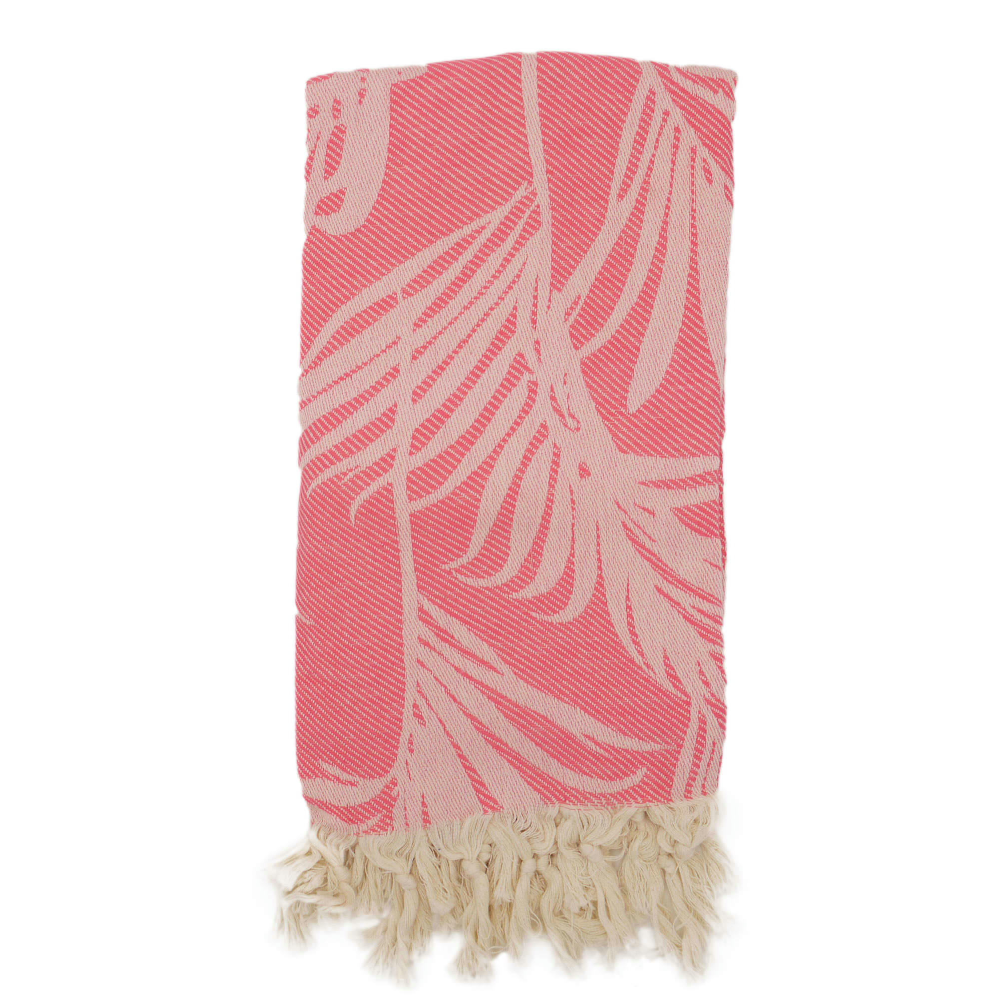 - Fouta palmiers 100% coton avec franges rose 100x180cm