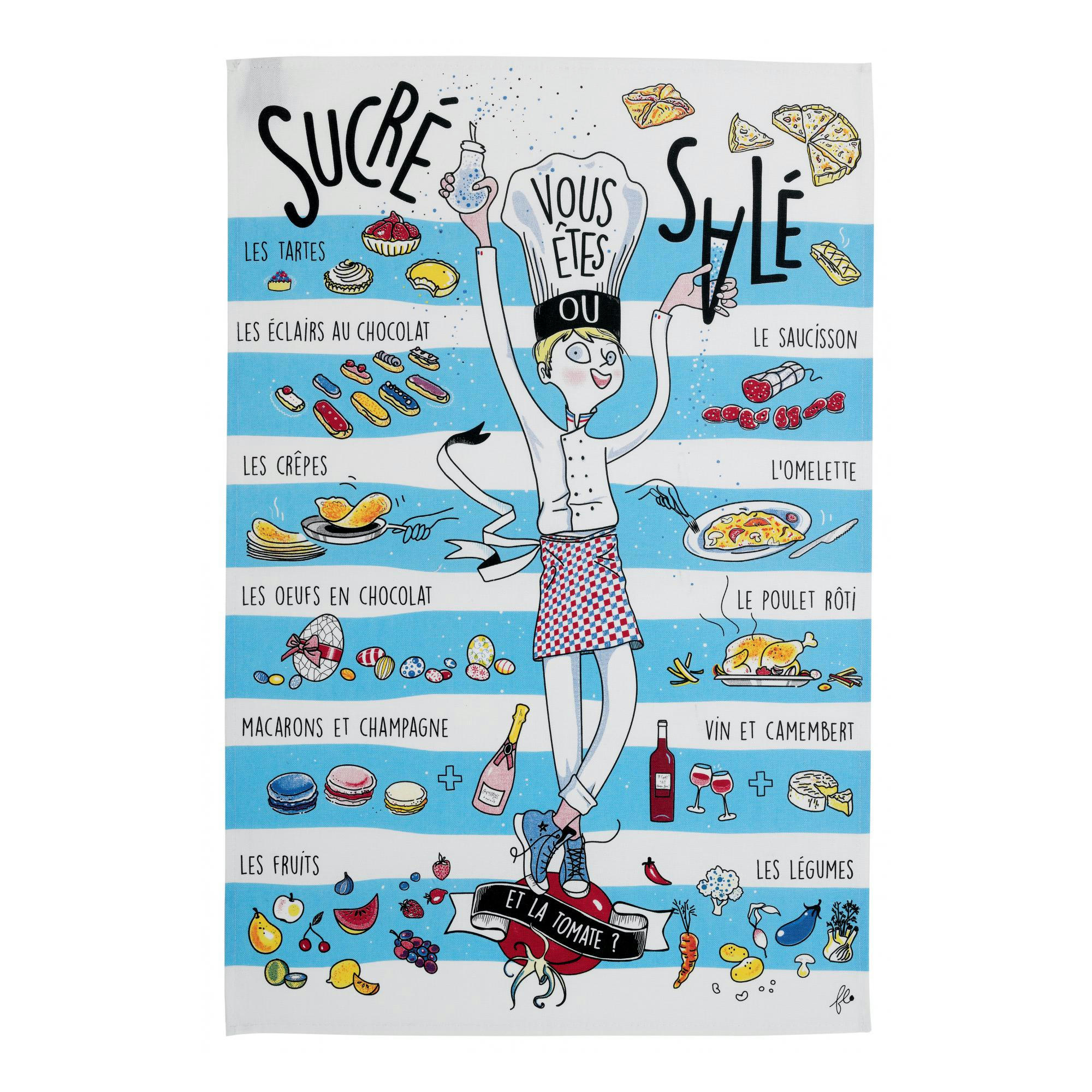 GASTRONOMIE ET VIN - Torchon sucré salé en coton ecru 48 x 72