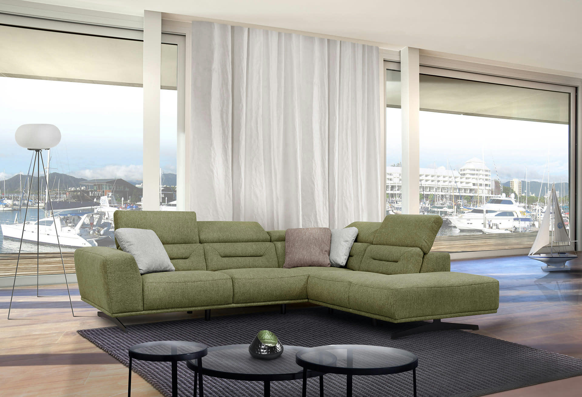 LUCANO - Canapé d'angle droit 5 places tissu vert