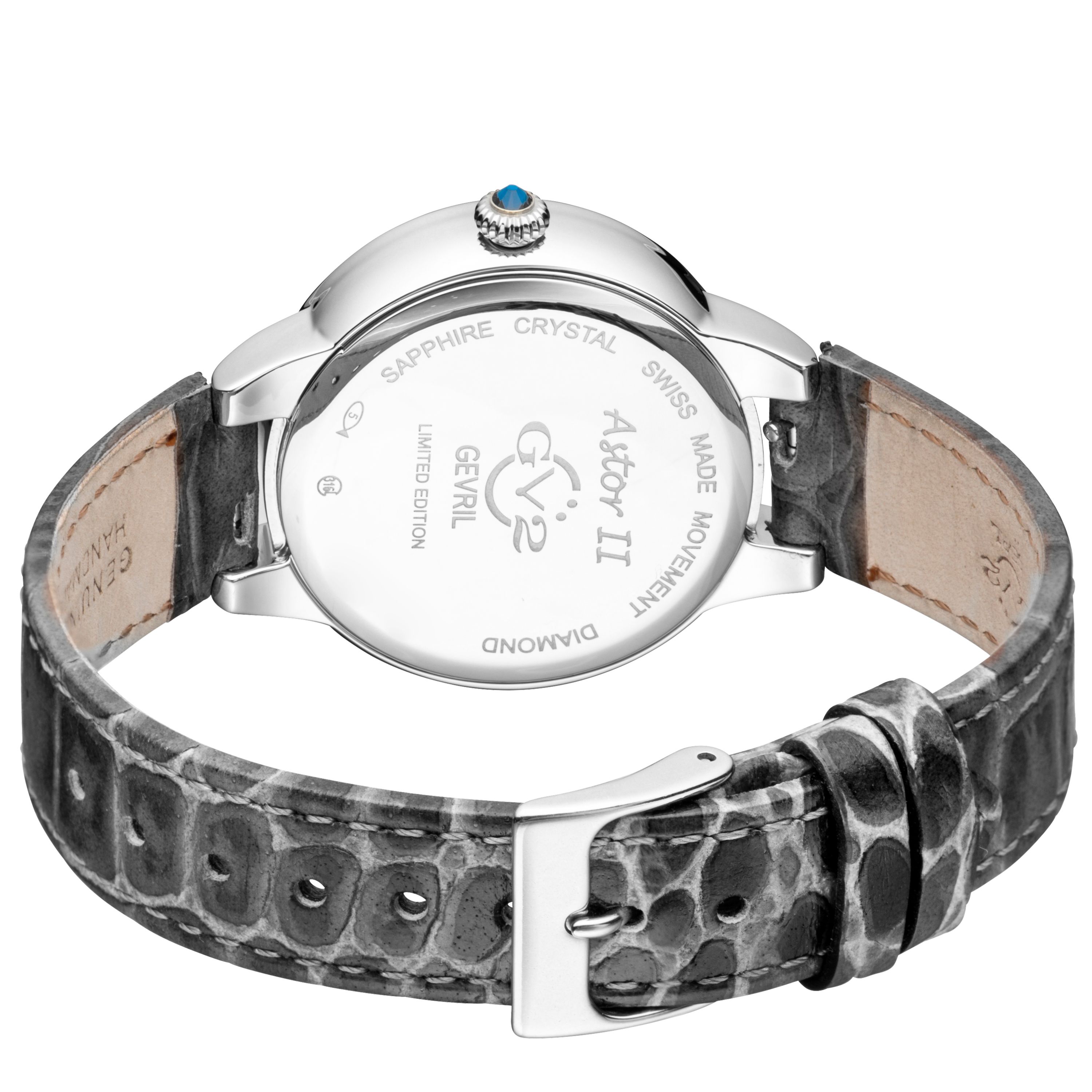 GV2 Astor II, Swiss Quartz Watch, MOP Black Dial, Hand made Italian leather, and Sapphire Crystal