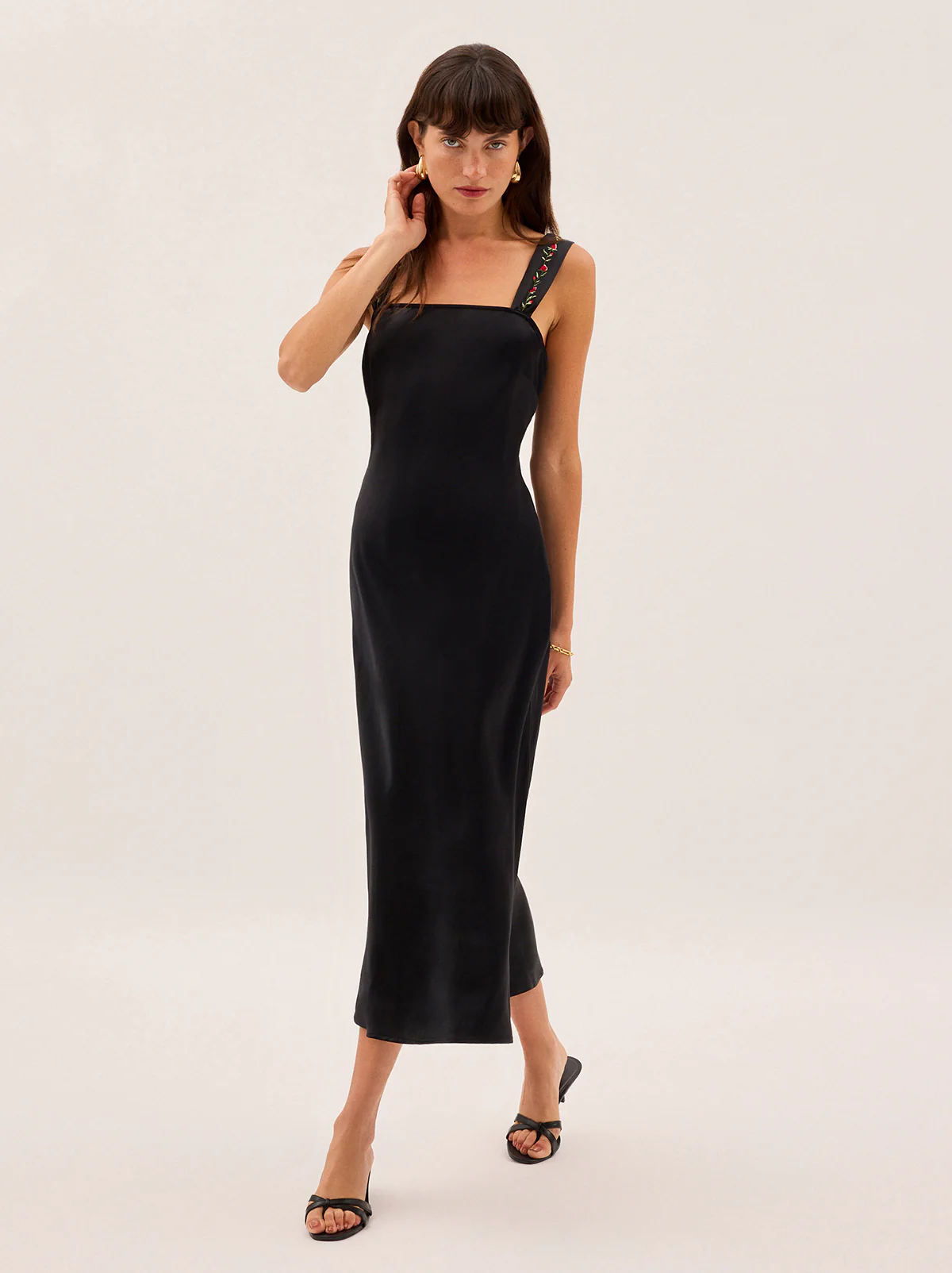 Tabitha Embroidered Black Satin Dress