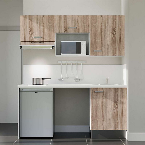 Kitchenette K55 façades Bois - Plan de travail Blanc - Crédences : Oui - Evier inox - Electroménager Inox inclus