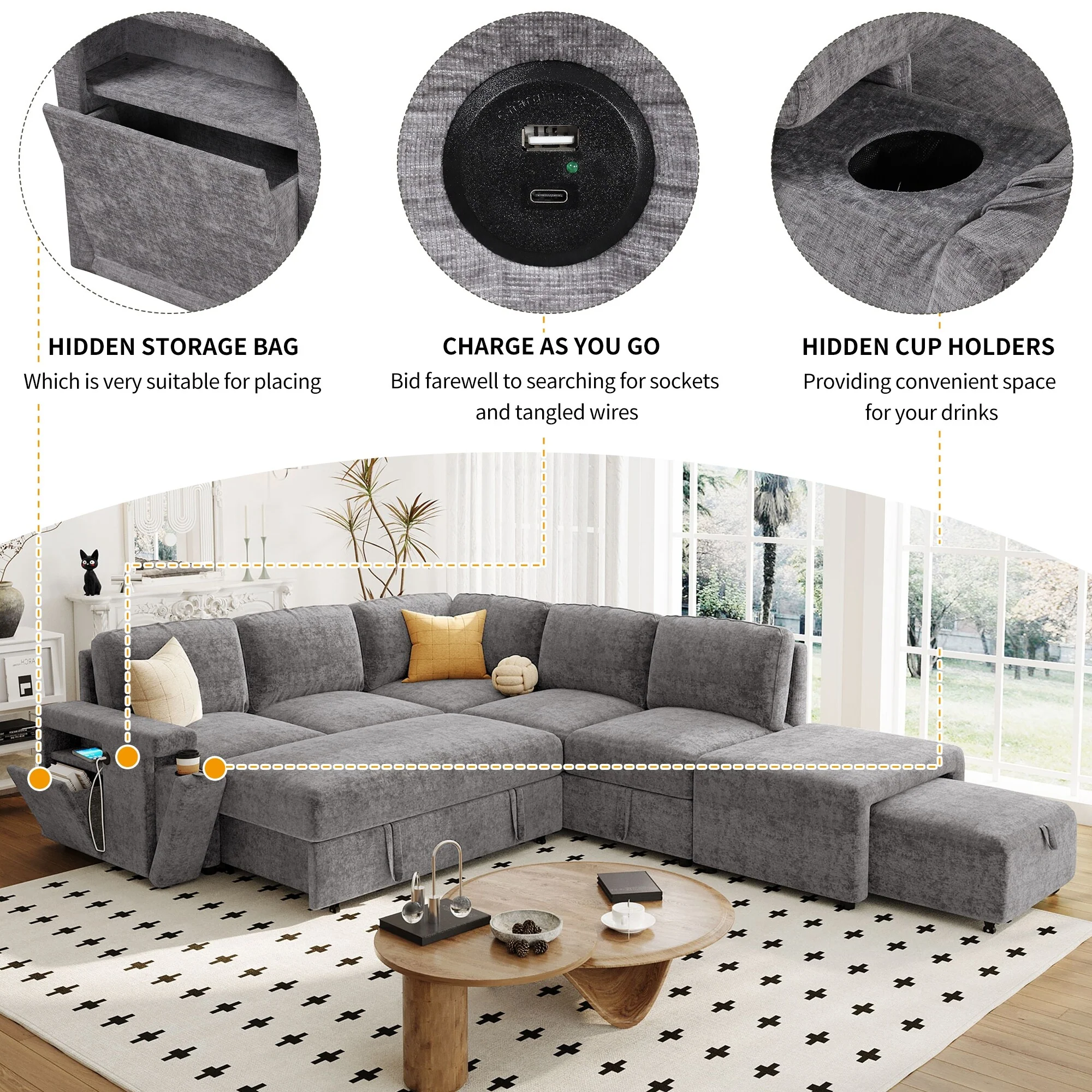 L-shaped Multi-Functional Sofa with Hidden Cup Holder and USB Ports, Upholstered Modular Sofa with Removable Ottoman