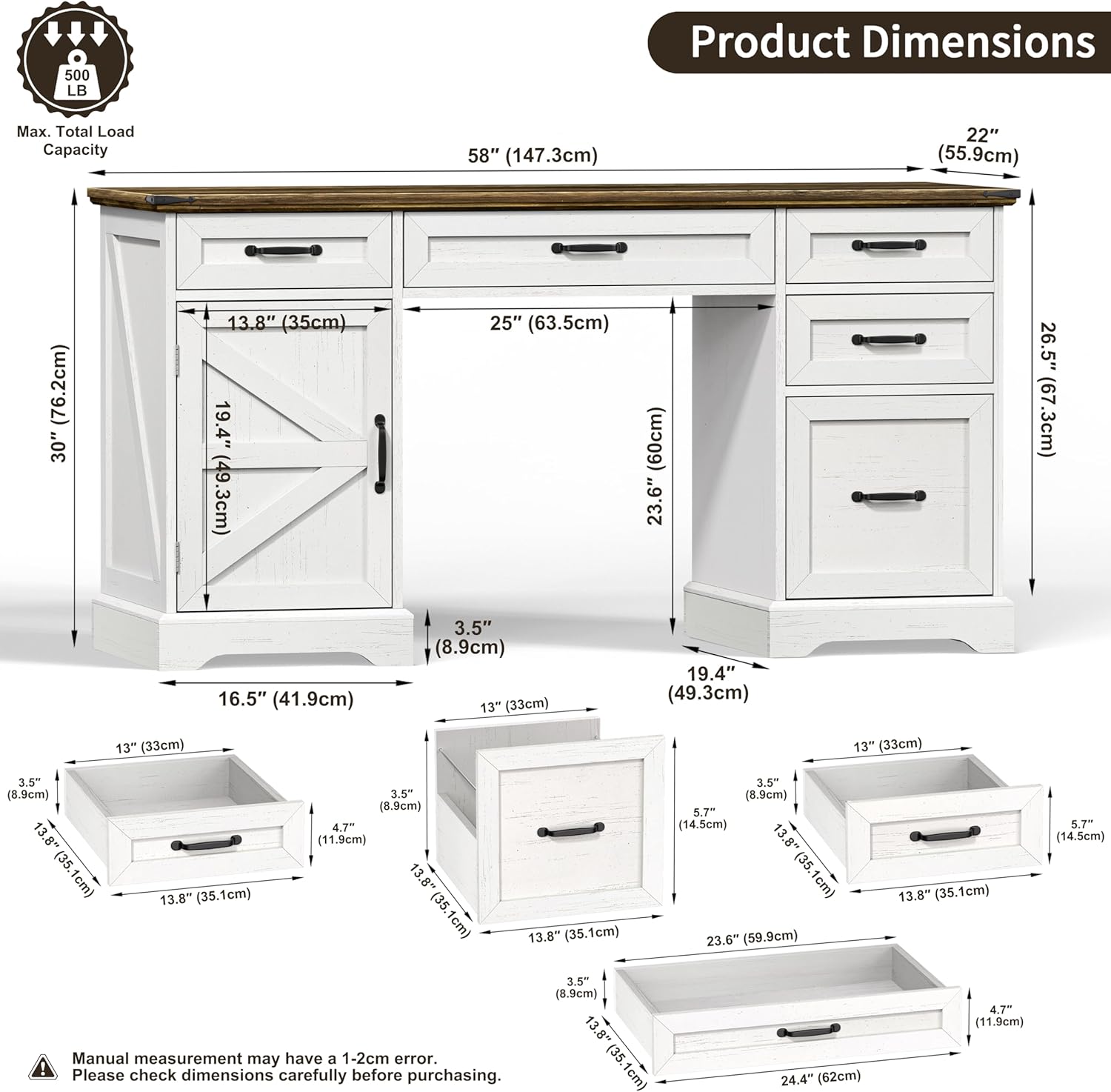 58 Farmhouse Executive Desk Modern Computer Desk with Drawers and File Cabinet Wooden Office Desk for Home Office Workspace with Storage for Working, Studying, Writing (Antique White)