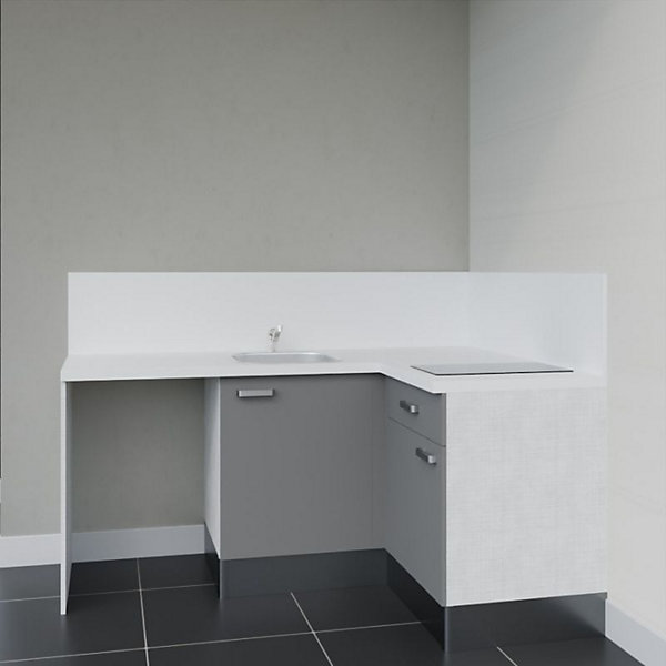 Kitchenette KA01 - 128 cm - Façades : Gris - Plan de travail : Blanc - Crédences : Oui - Evier