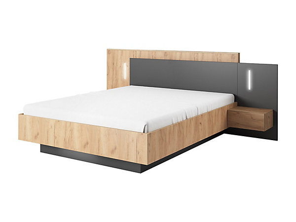 Lit avec chevets 160 x 200 cm - 2 tiroirs - Avec LEDs - Coloris : Naturel et anthracite - FRANCOLI
