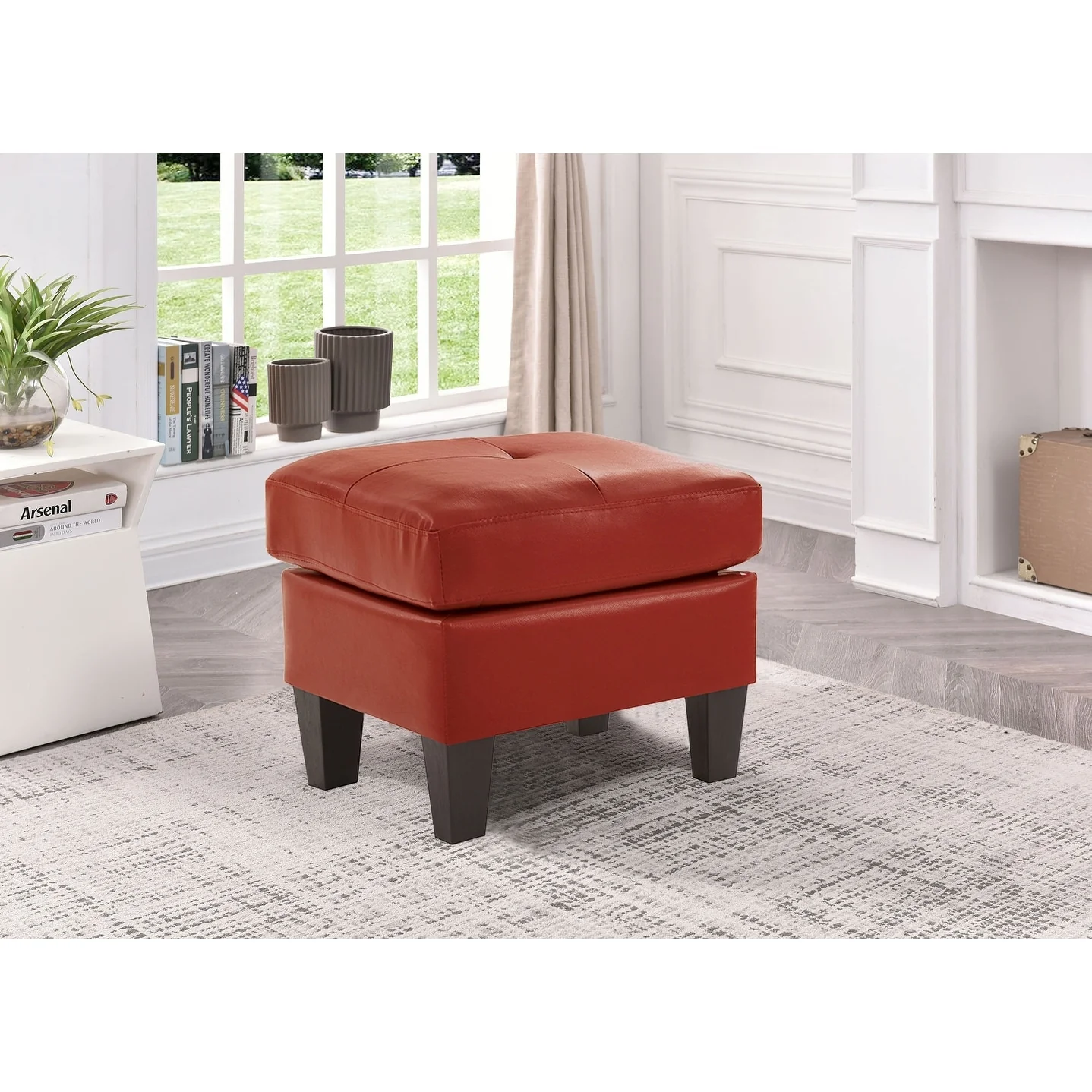 Faux Leather Upholstered Tufted Ottoman - 23 - Red