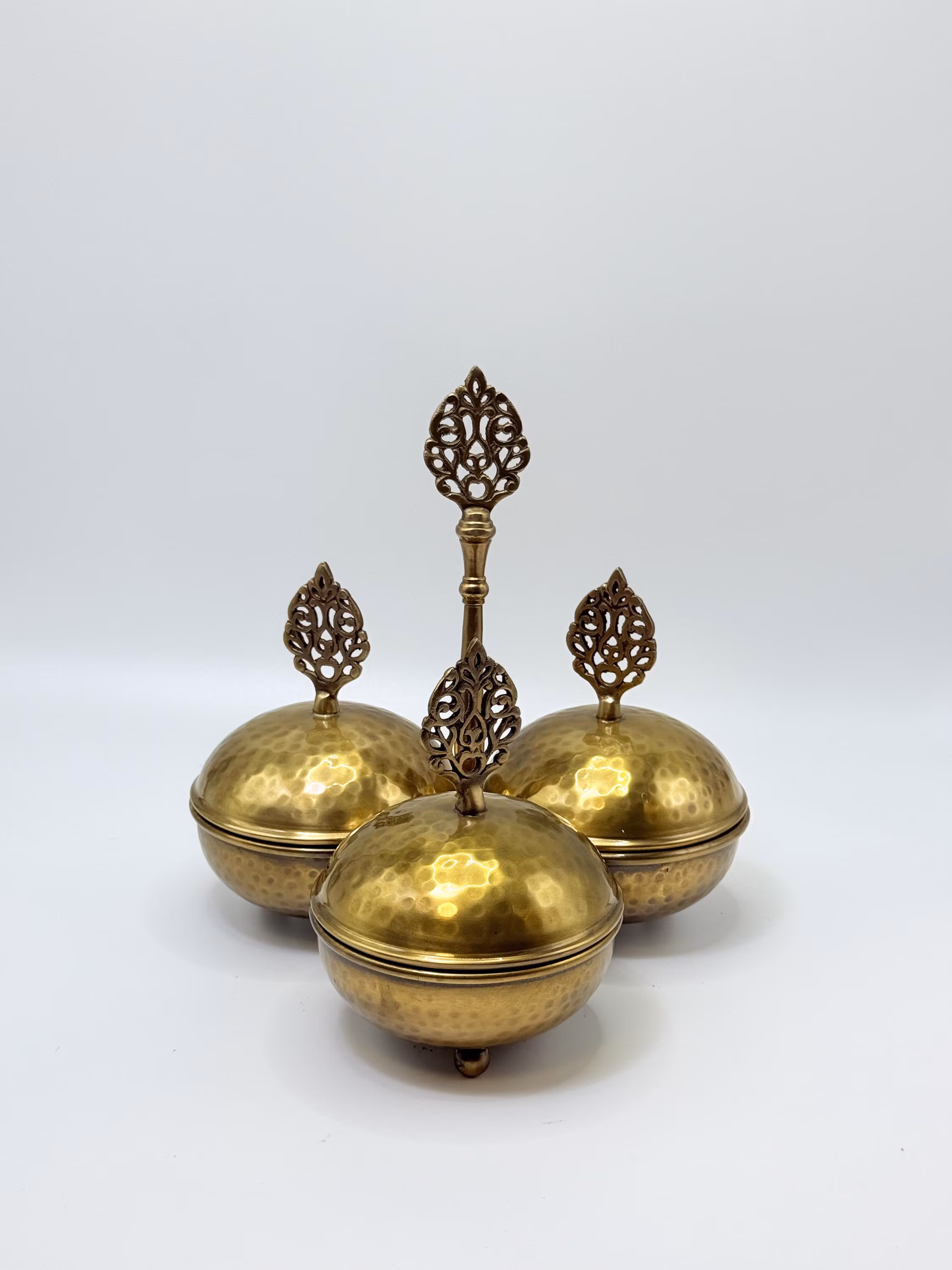 Hammered Brass Lidded Bowls Set, Persian Inspired Decorative Home Decor