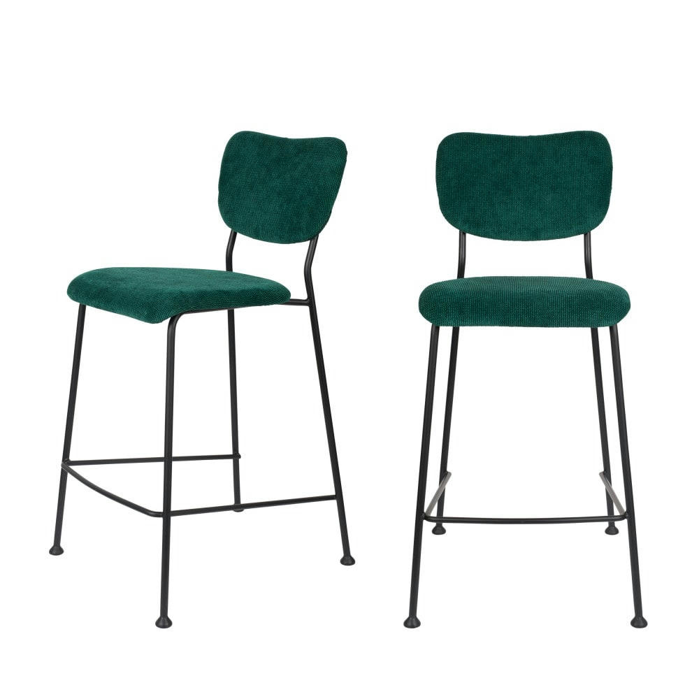 BENSON - Lot de 2 tabourets de bar en velours côtelé 65cm vert forêt