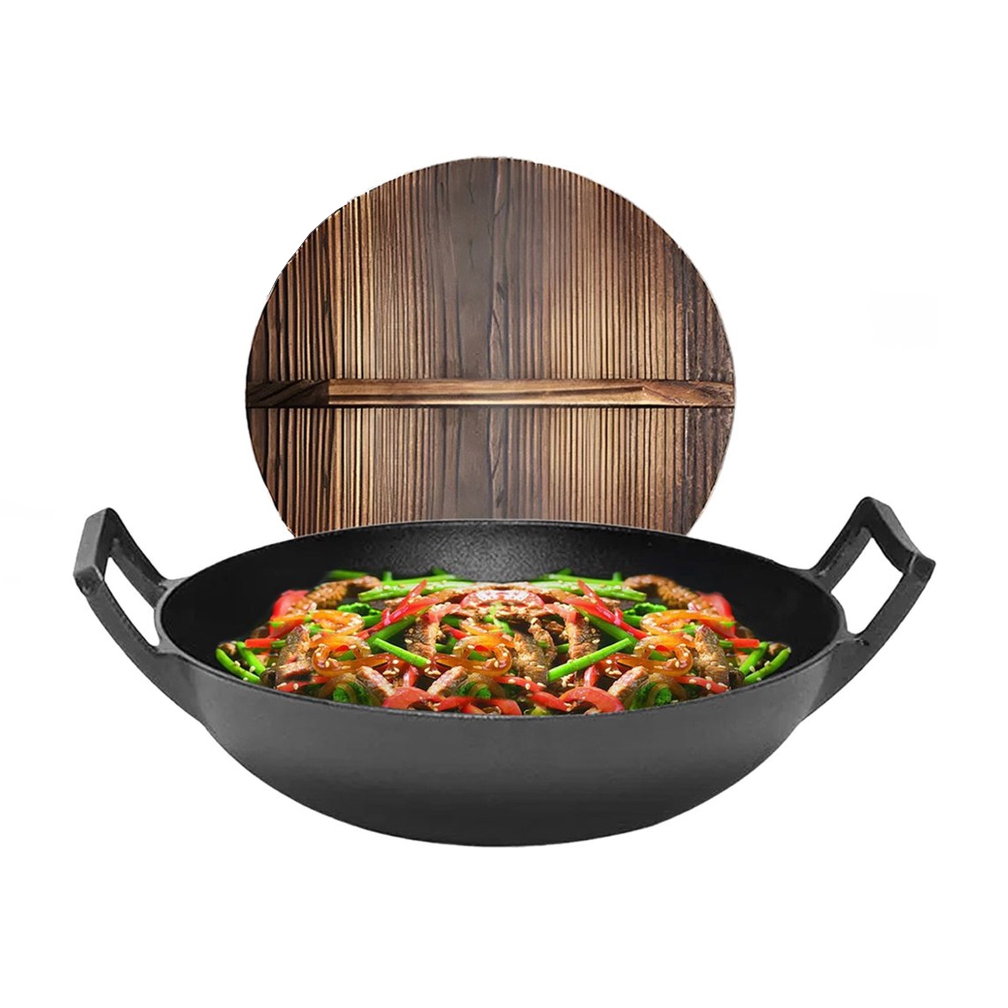 GrillX Wokpan Gietijzer - Met Houten Deksel - Ø 36cm - Gietijzeren Wadjan - BBQ & Inductie Pan