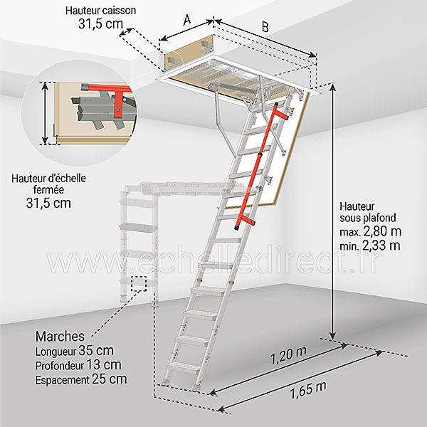 Echelle escamotable en métal - Trémie de 70 x 120cm - Hauteur de 2.33 à 2.80m - LML70120-2