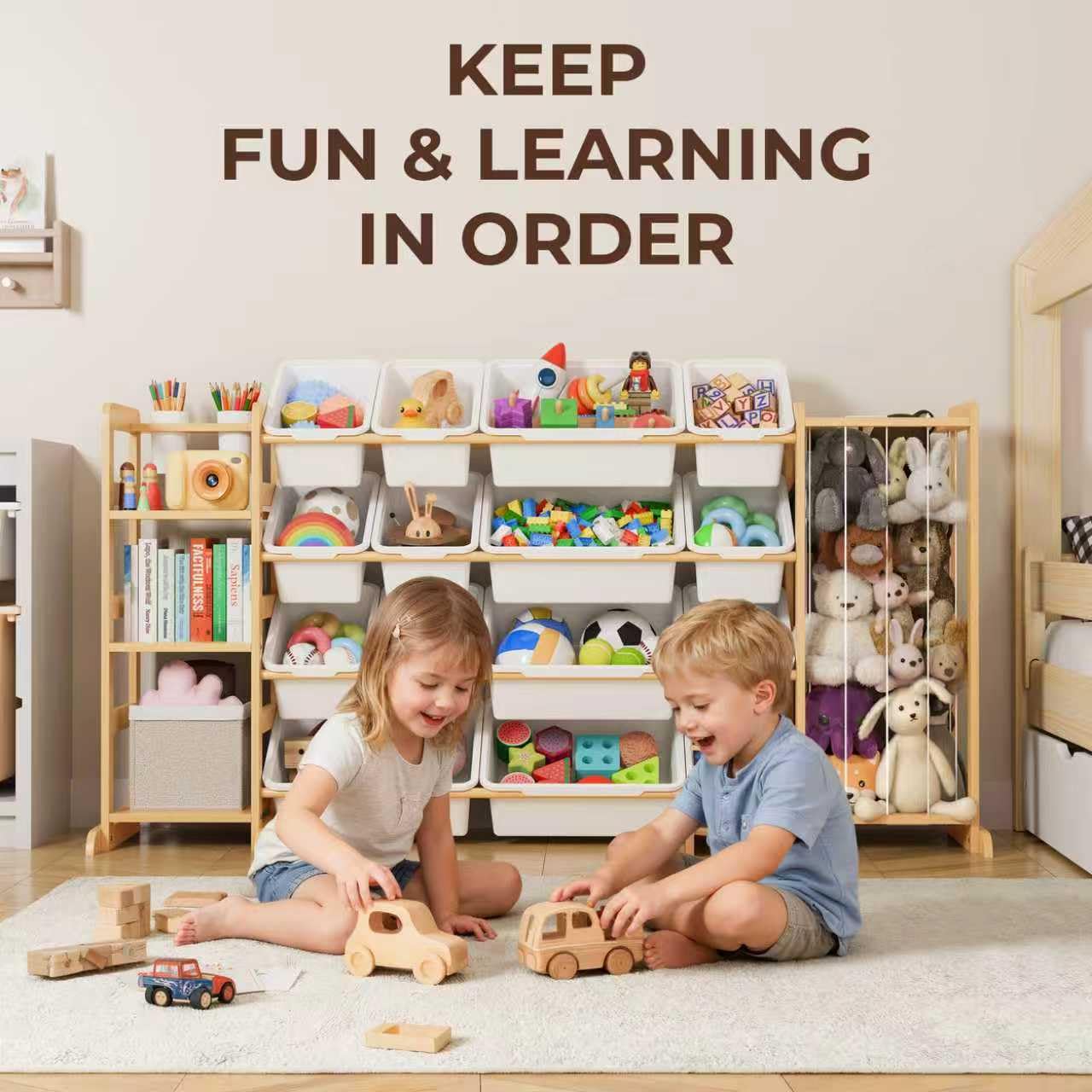 Toy Storage Organizer with Bookshelf and Stuffed Animal Storage - Playroom Organization with Shelves and 12 Bins - Living Room Box for Lego - Bedroom Decor Essentials