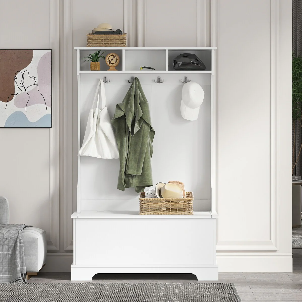 Merax 3-in-1 Hall Tree with 4 Hooks and Hinged Lid, Coat Hanger, Storage Bench