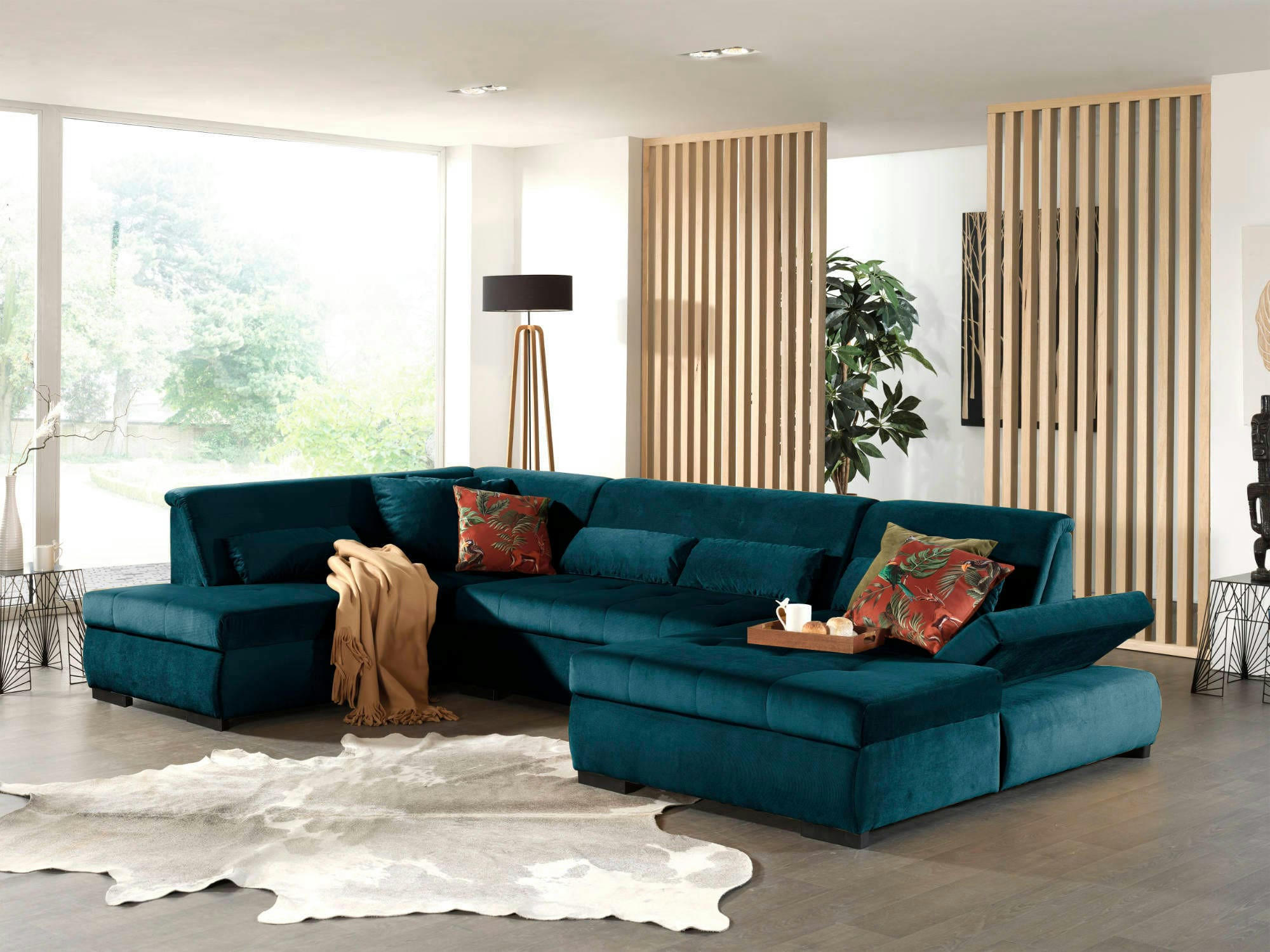 VERMONT - Canapé panoramique 7 places angle gauche en velours bleu canard