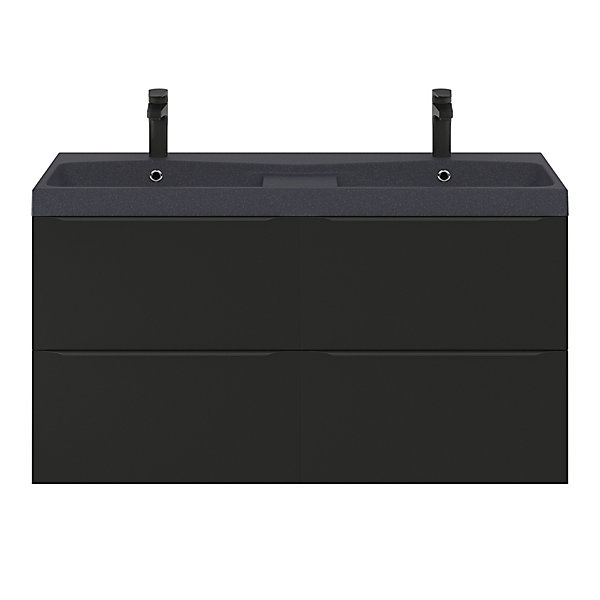 Meuble vasque suspendu noir mat l.120 cm Imandra   plan double vasque noir résine Mila, GoodHome