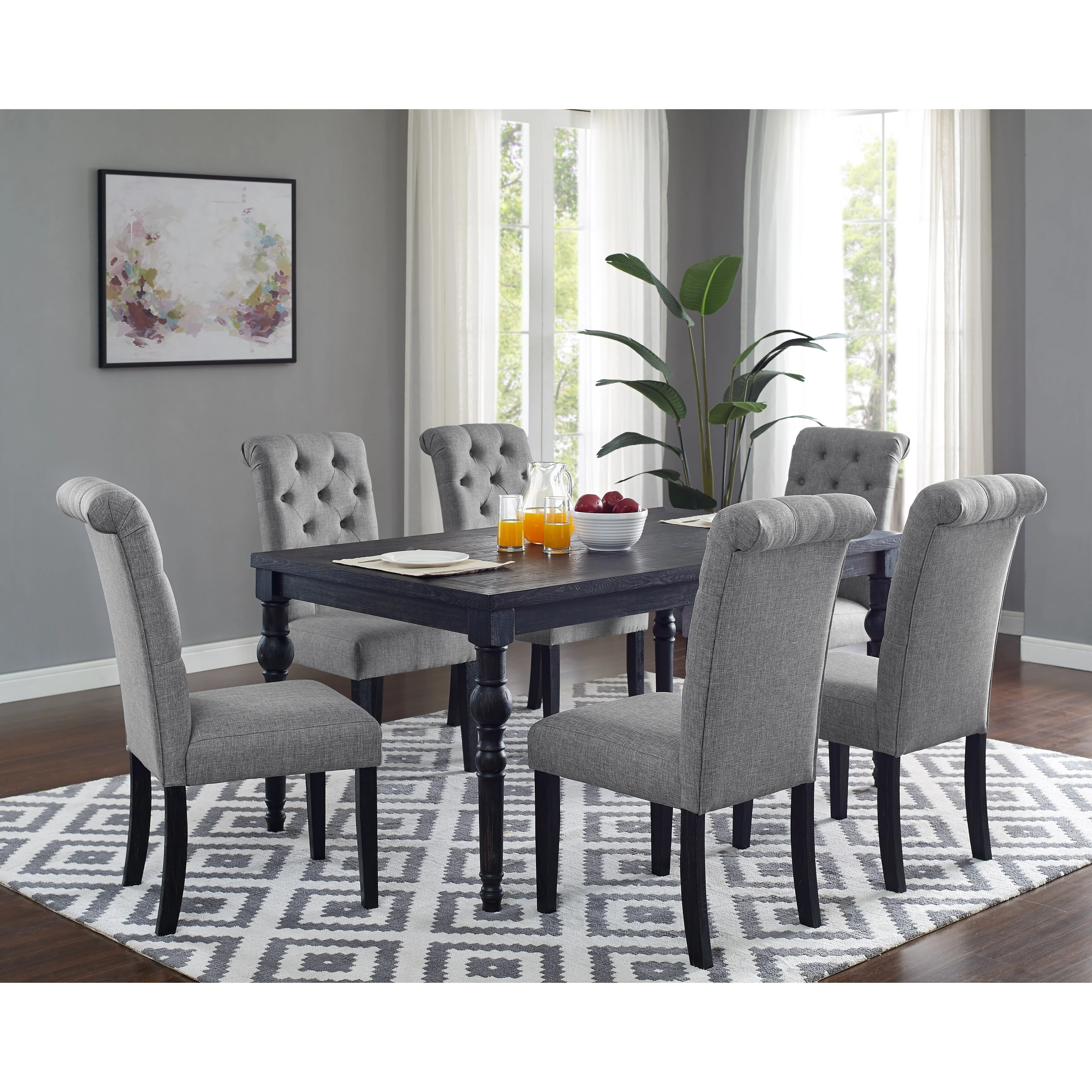 7 Piece Urban Style Wood Dining Table Furniture Set, Rectangular Kitchen Table with 6 Upholstered Tufted High Back Chairs