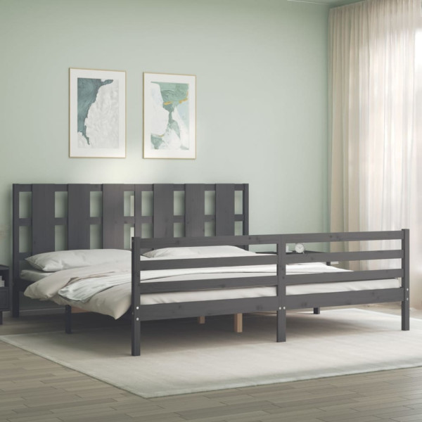 Rama łóżka z wezgłowiem szara 200x200 cm lite drewno
