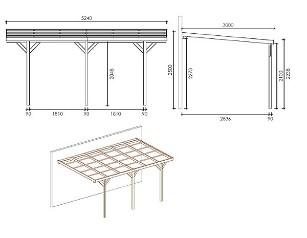 Carport, abri de voiture3x5.24 m - 15 m2 - adossé  - CAR7-2
