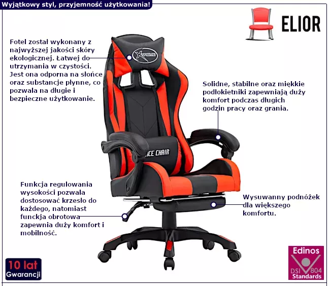 Czarno-czerwone fotel gamingowy z podnóżkiem - Arvola 7X