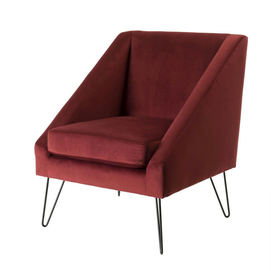 ALBANE - Fauteuil tissu velours bordeaux pieds épingles métal