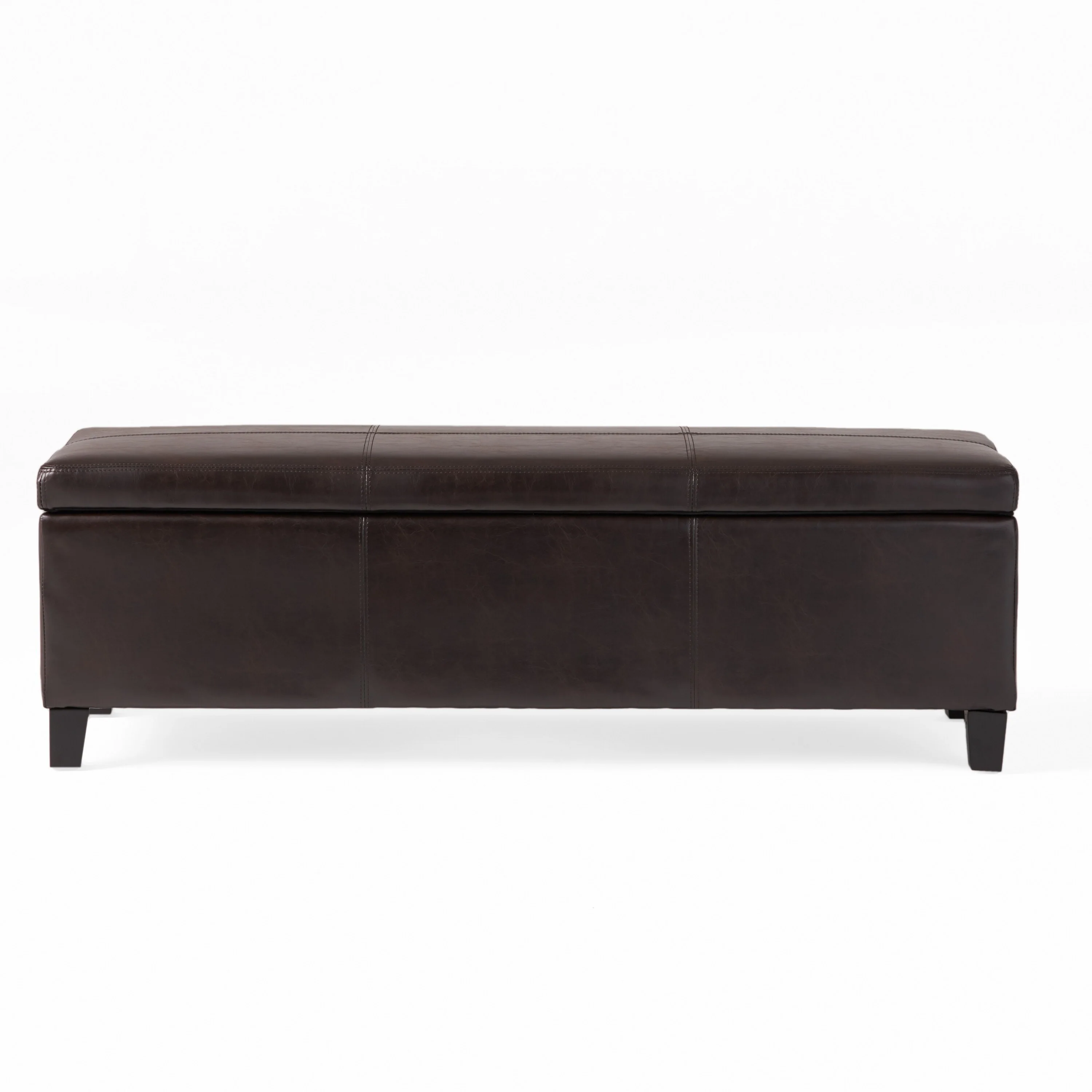 Elias Storage Ottoman Bench, Detailed Brown Faux Leather, 51 Inch