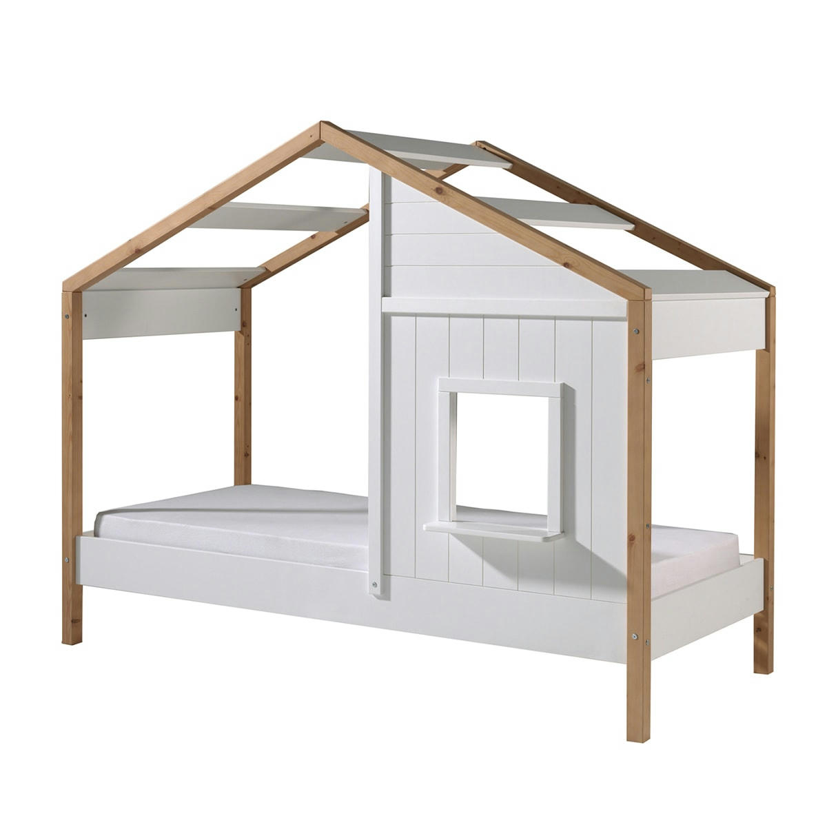 LIT - Lit cabane 90x200 sommier inclus 1 fenêtre blanc naturel