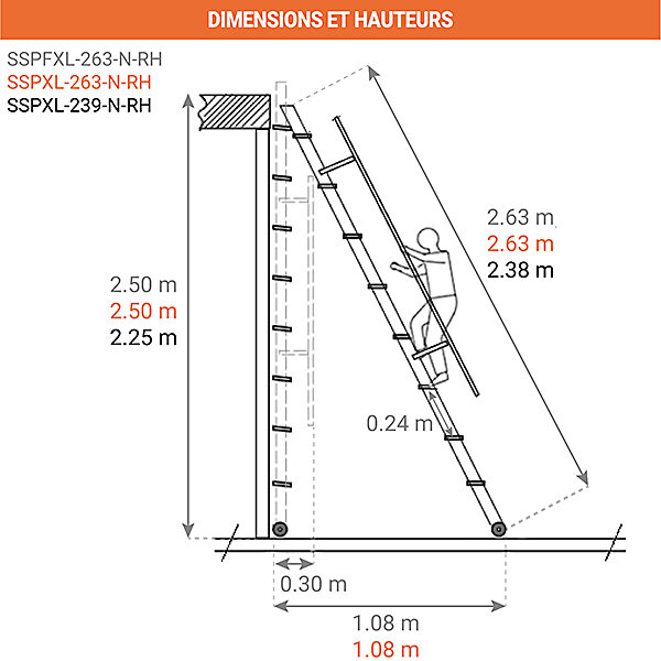 Echelle rabattable acier - Marches bois - Hauteur à atteindre 2,25m - Rampes horizontales - Coloris noir - SSPXL-239-N-RH