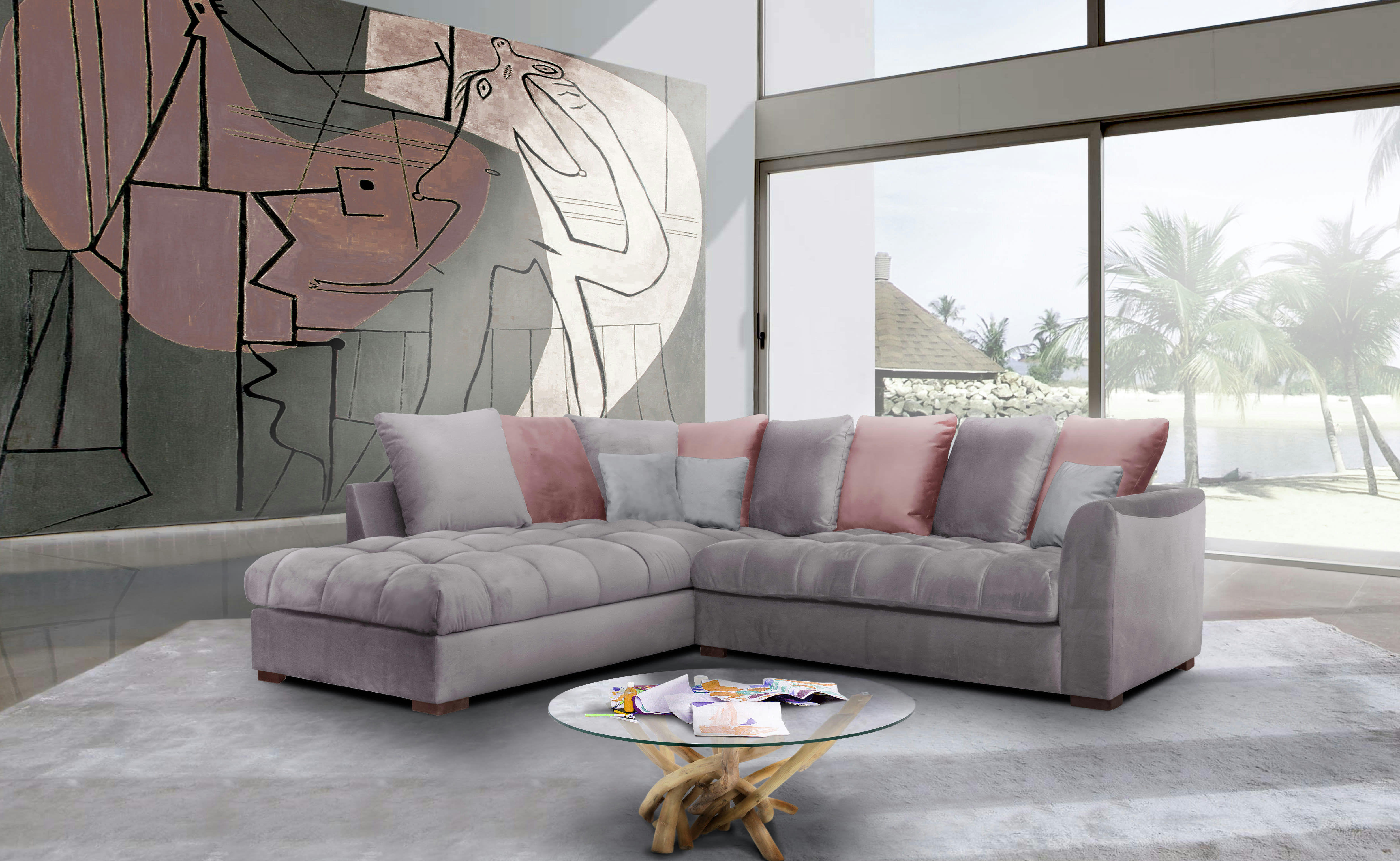 BARDI - Canapé d'angle gauche 5 places tissu gris