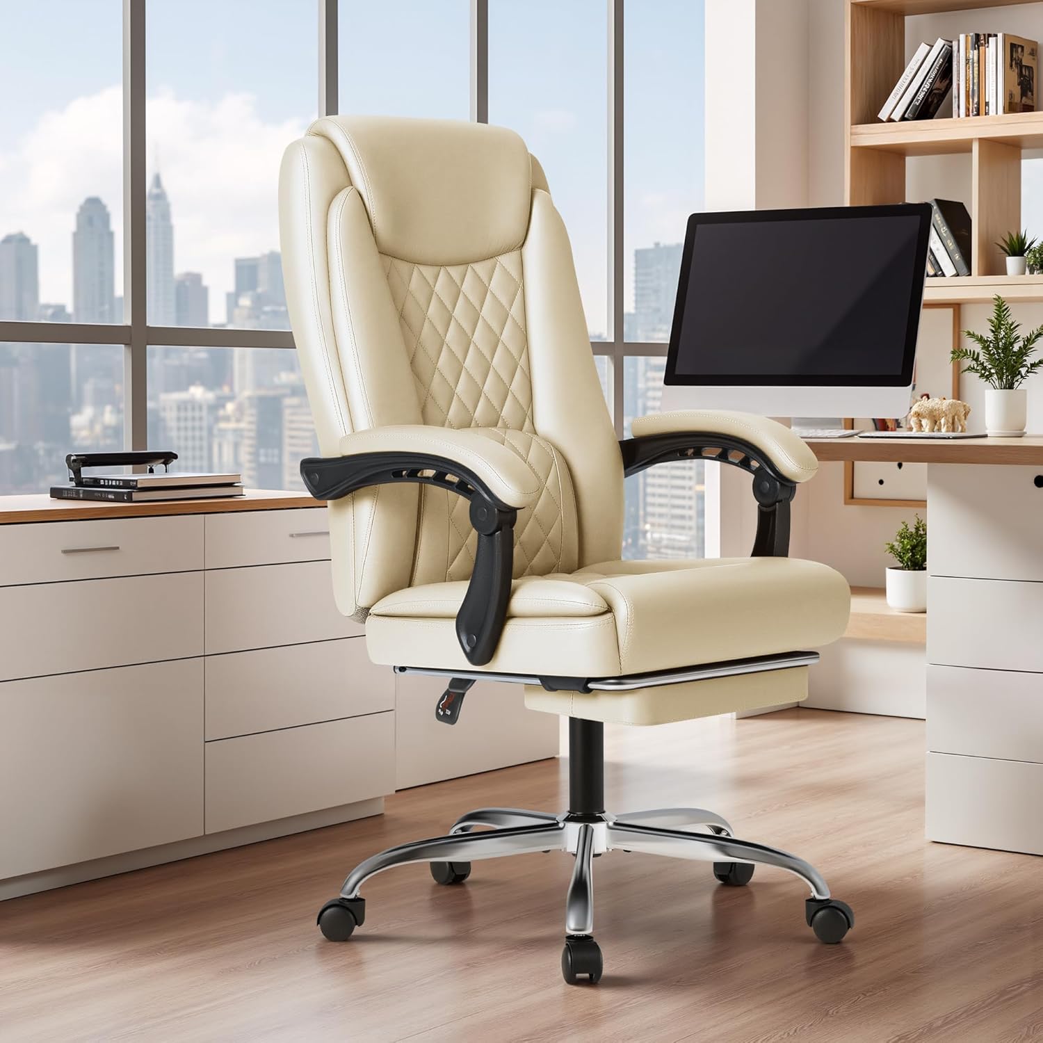 Furmax Office Chair with Footrest Ergonomic High Back Design Executive Computer Desk Chair400lbs, 90-135° Reclining Leather Home Office Desk Chairs Swivel Task Chairs with Wheels (Beige)