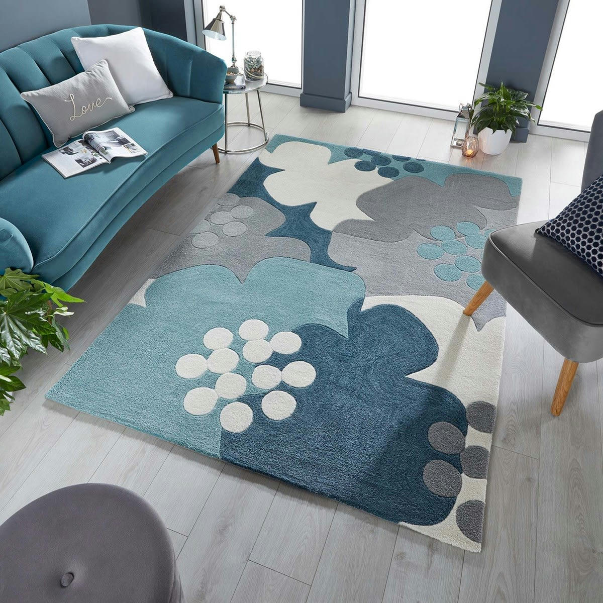 FLORAL - Tapis de salon en Polyester Bleu 120x170 cm